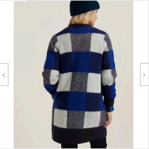Lucky Brand Size M Blue Buffalo Check Open Front Long Cardigan Sweater NEW! - Picture 3 of 8